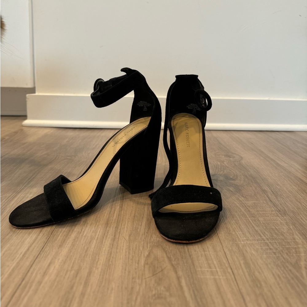 Black Marc Fisher Suede Chunky Heels with Ankle Straps - Size 7